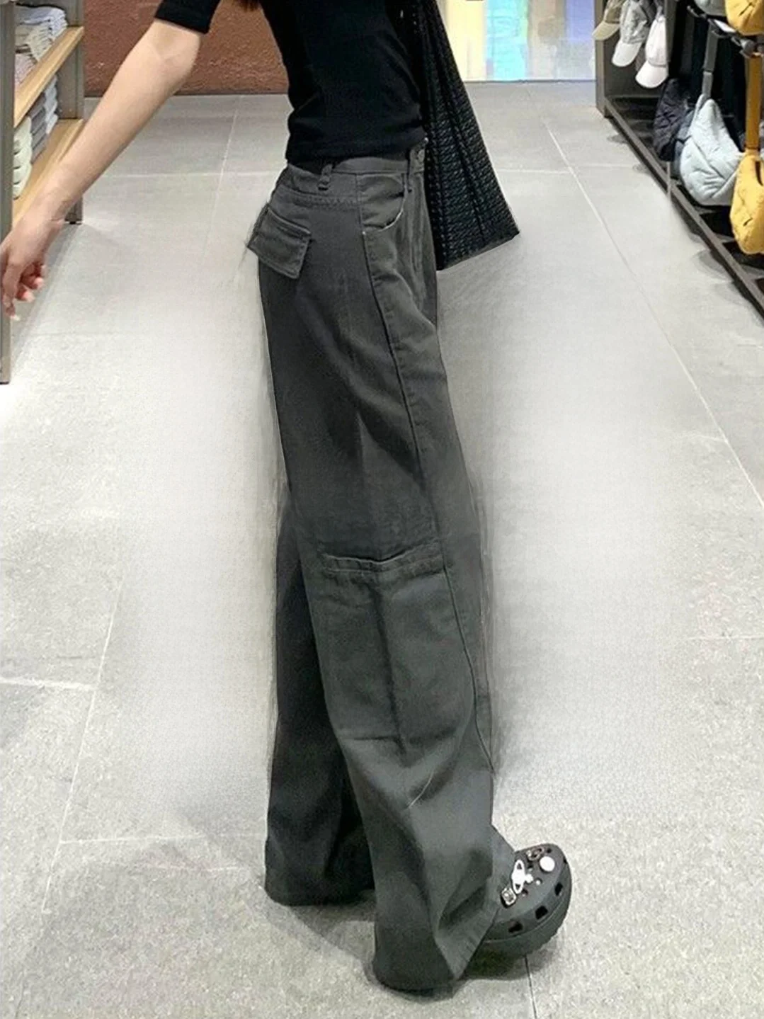 Loose Fit American Style Grey Wide Leg Workwear Jeans Women's High Waist Casual Slim Straight Floor-Length Trousers