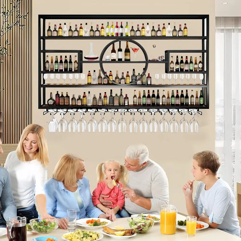 Contemporary Metal and Wood Wine Rack with Glass Holders for Home Bar and Kitchen, Black