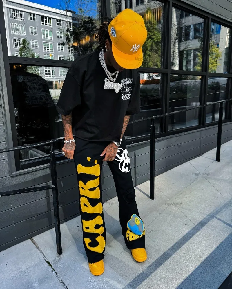 Amerikaanse Street Hiphop Geborduurde Wijde Pijpen Broek Mannen High Street Fashion Merk Floor-Length Broek Losse Casual Gebreide Broek