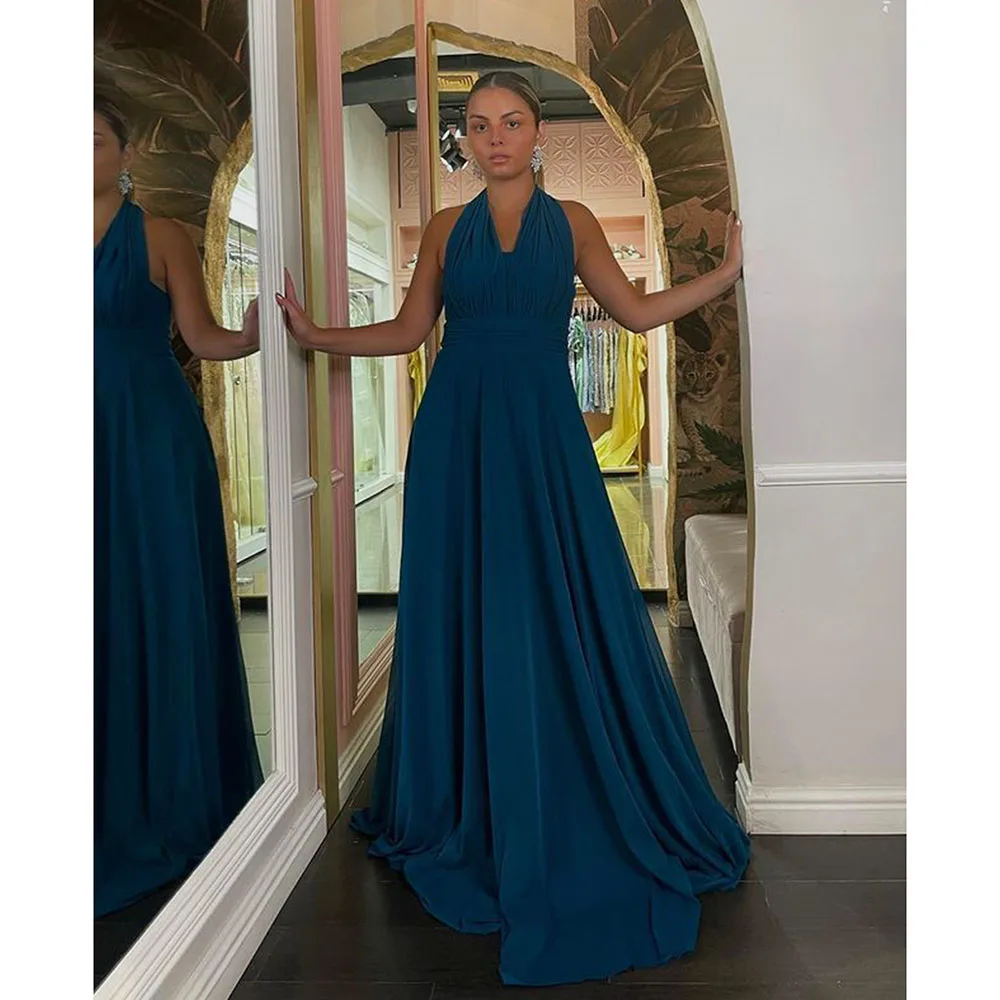 

Msikoods Satin Simple Evening Dress For Wedding Party 2023 Long Halter Prom Gown Formal Special Occasion Dress Custom made