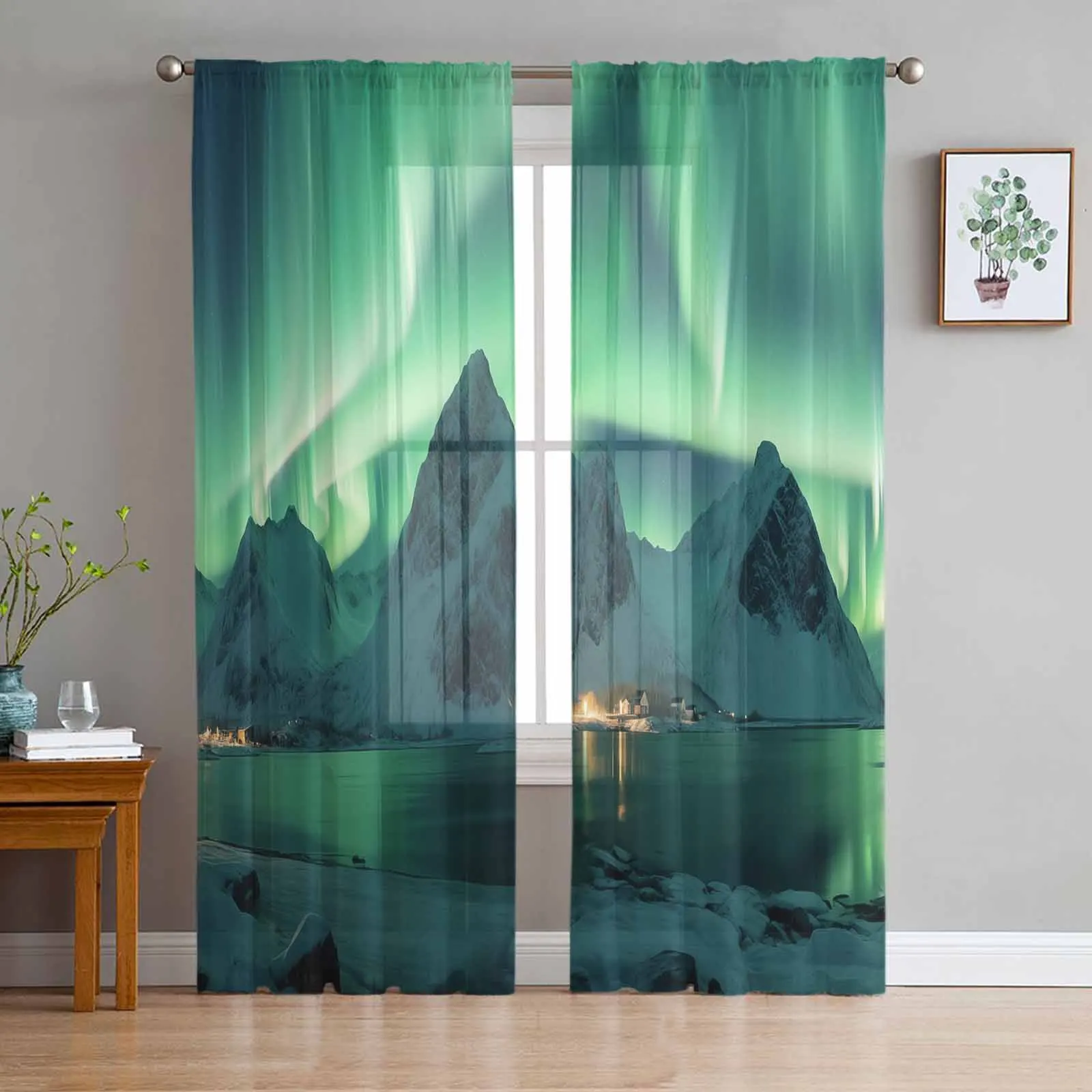 Holiday Aurora Icelandic Scenery Triangle Tulle Sheer Curtains For Living Room Kitchen Children Bedroom Voile Hanging Curtain