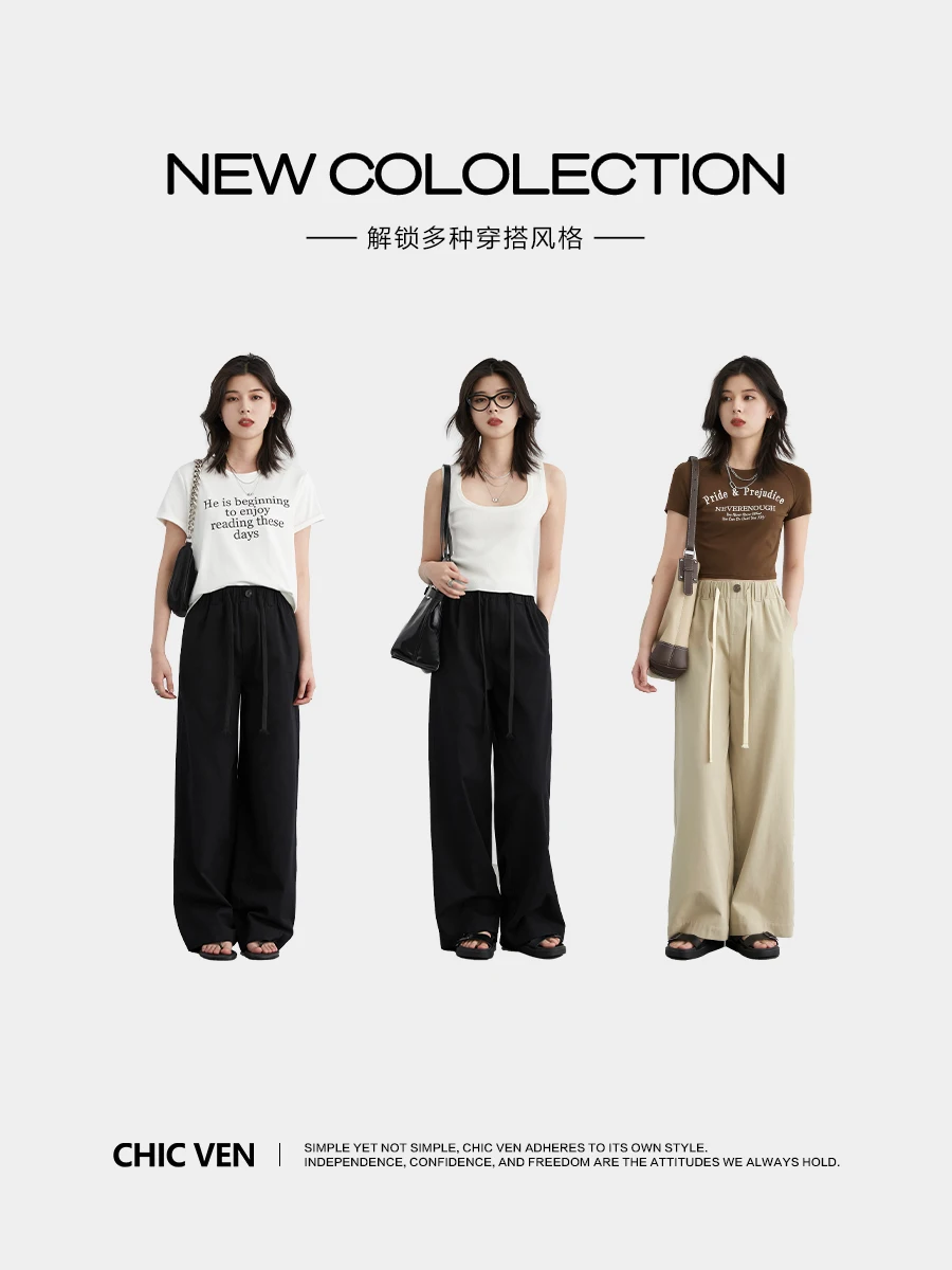 CHIC VEN Women Pants Loose Casual High Waisted Cotton Wide Leg Casual Pants  Drawstring Female Trousers Summer 2024