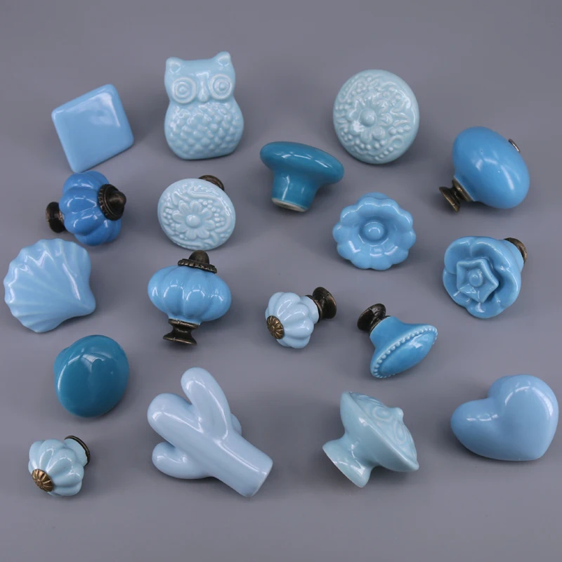 1PC Cute  porcelain drawer Knobs and Handles For Kid Rooms Cabinet Door Knob Cupboard Drawer Wardrobe Pull in Dark Blue color