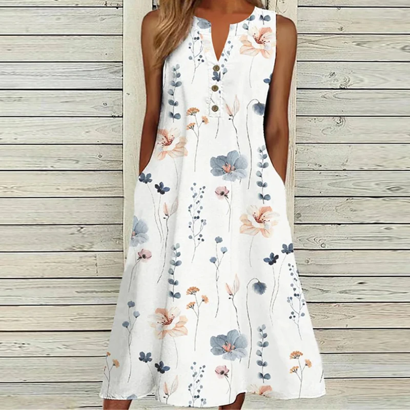 Office Fashion V-neck Button-up Midi Dress Women Casual Sleeveless Pocket Party Dress Summer Elegant Floral Print Beach Dress