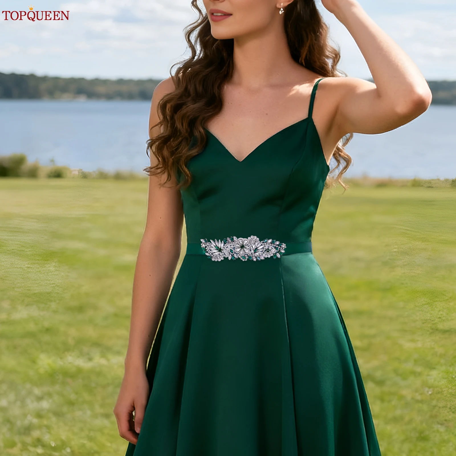 

TOPQUEEN Свадебный пояс Зеленый пояс с бриллиантами Пояс со стразами Роскошные дизайнерские ремни для женщин Свадебные ремни и пояса Блестящий пояс S22