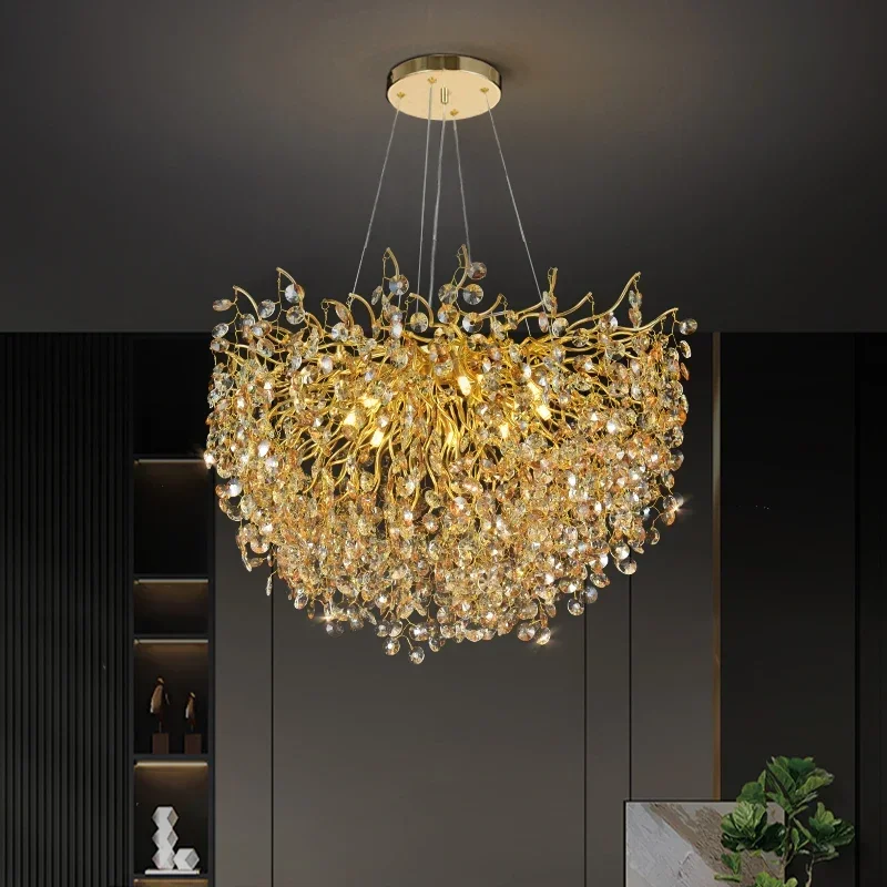 Luxury golden dendrite crystal LED ceiling chandelier living room lighting glossy decorative chandelier indoor lighting fixture