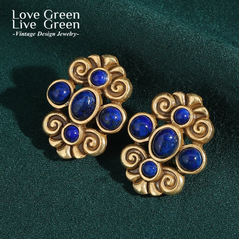 

Vintage Round Blue Lapis Lazuli Natural Stone Stud Earrings Gold Color Luxury Jewelry Designer Chinese Style New Trends 2025