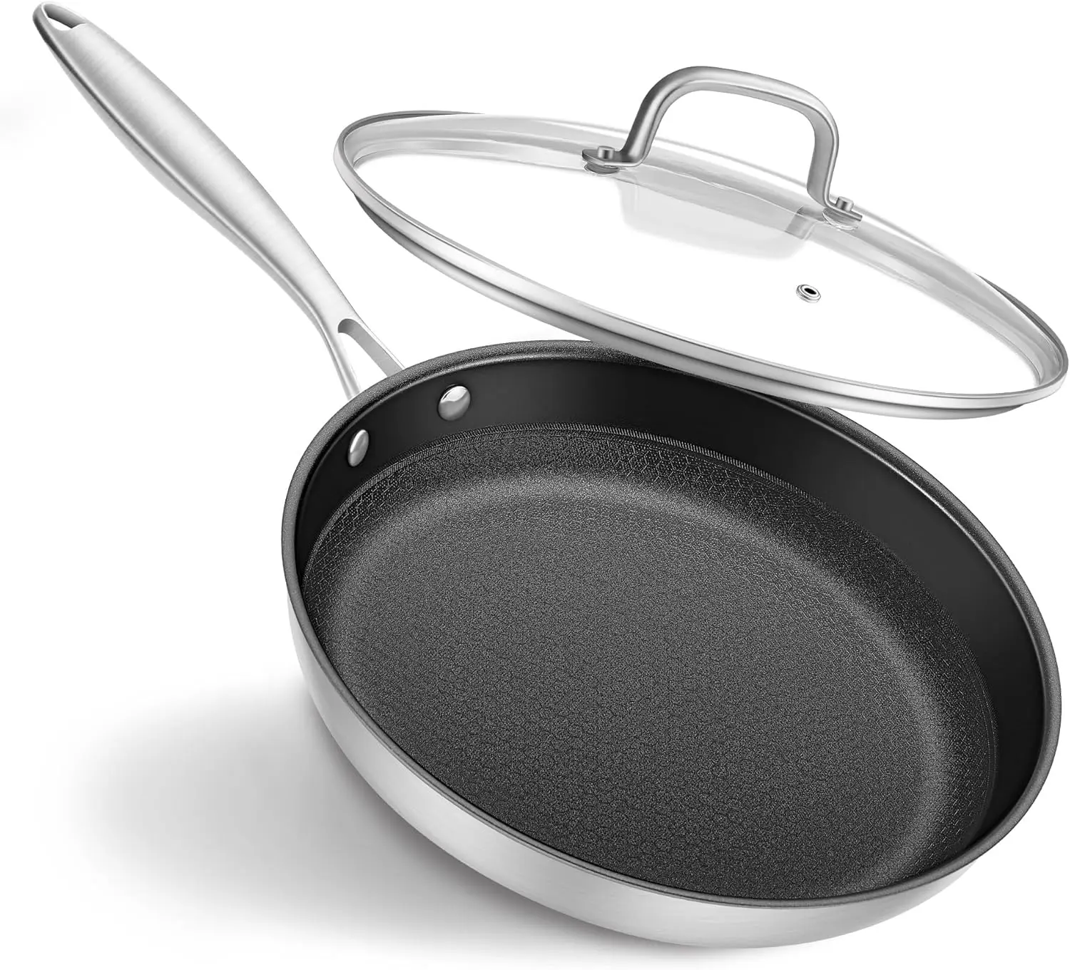 Leetaltree 12 Inch Frying Pan with Lid, Whole body Tri-Ply Stainless Steel Skillet for Gas Electric Induction Ceramic Stoves