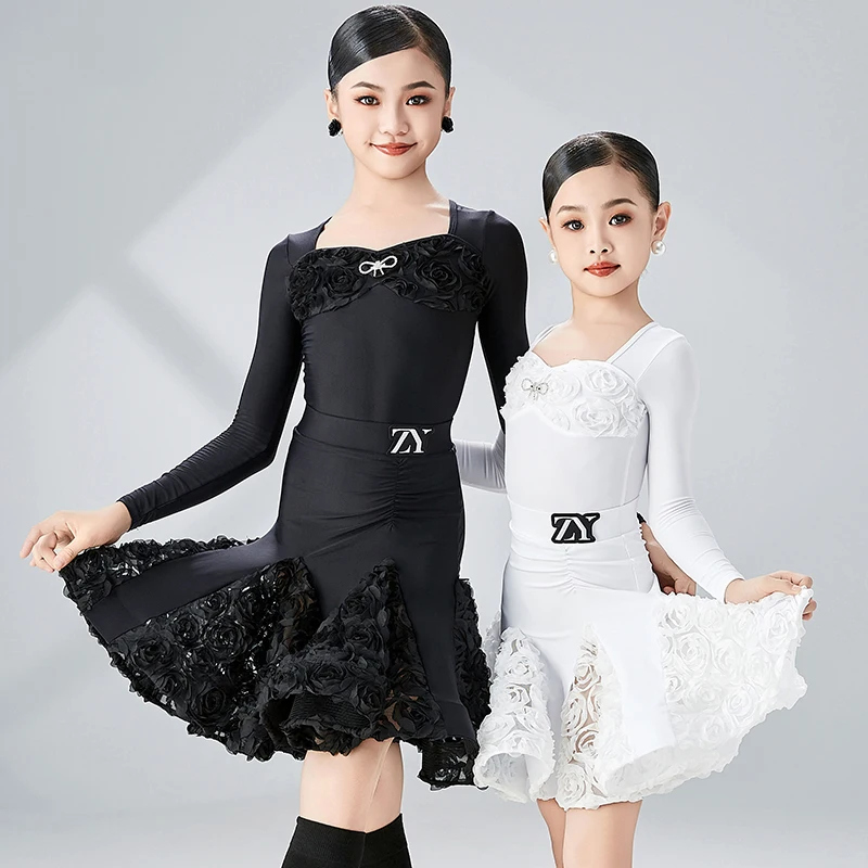 

2023 New Latin Dance Clothing For Girls Black White Long Sleeve Leotard Skirt ChaCha Performance Dress Tango Dancewear VDB7477