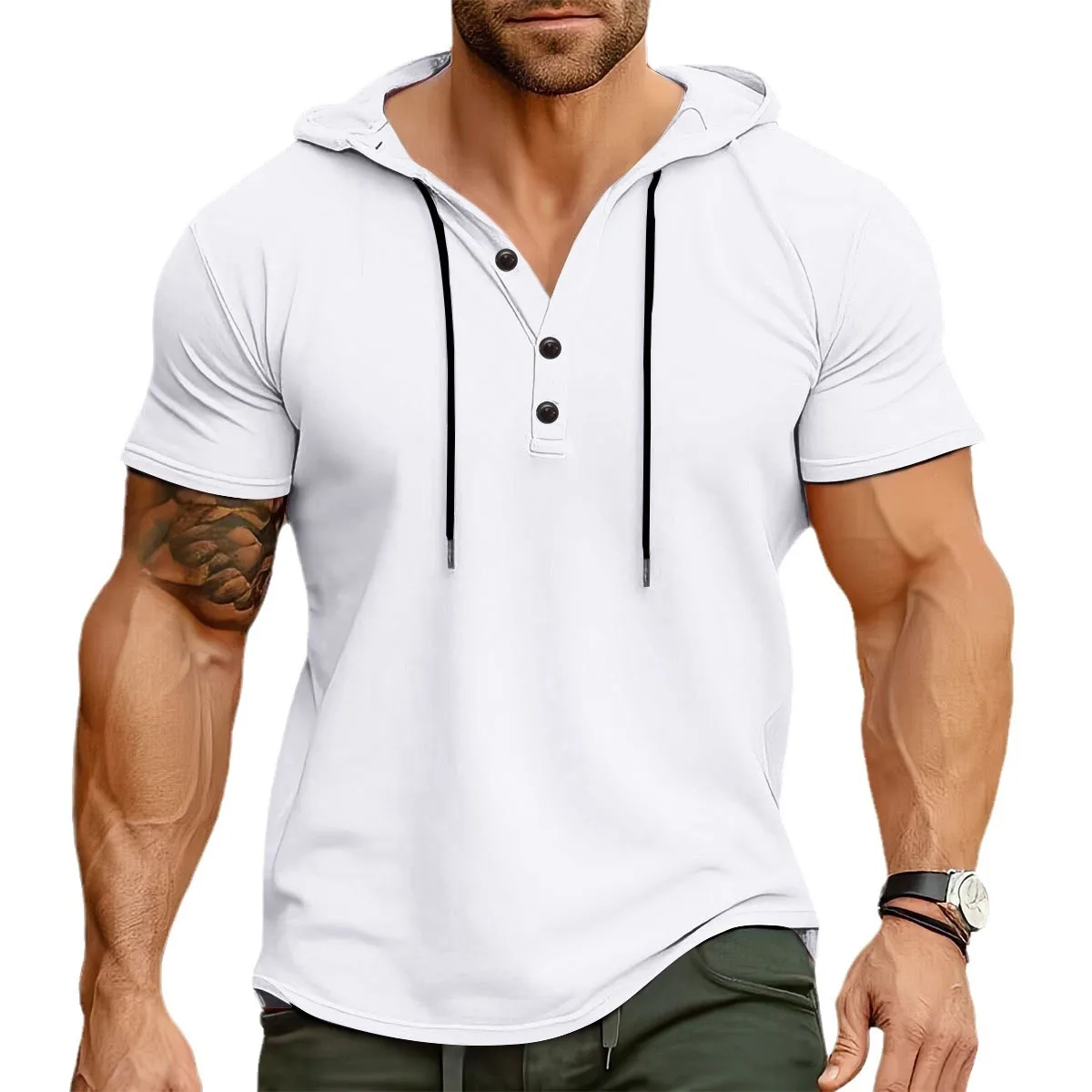 Men\'s sports fitness hooded short-sleeved T-shirt summer hooded blazer foreign trade American Henry shirt