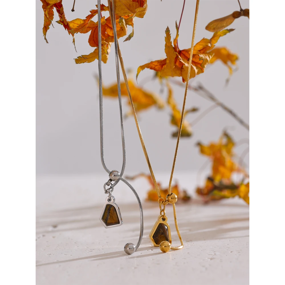 Yhpup Arrivals Natural Tiger Stone Removable Chain Necklace Pendant 18K PVD Plated Stainless Steel Attractive Quality Jewelry