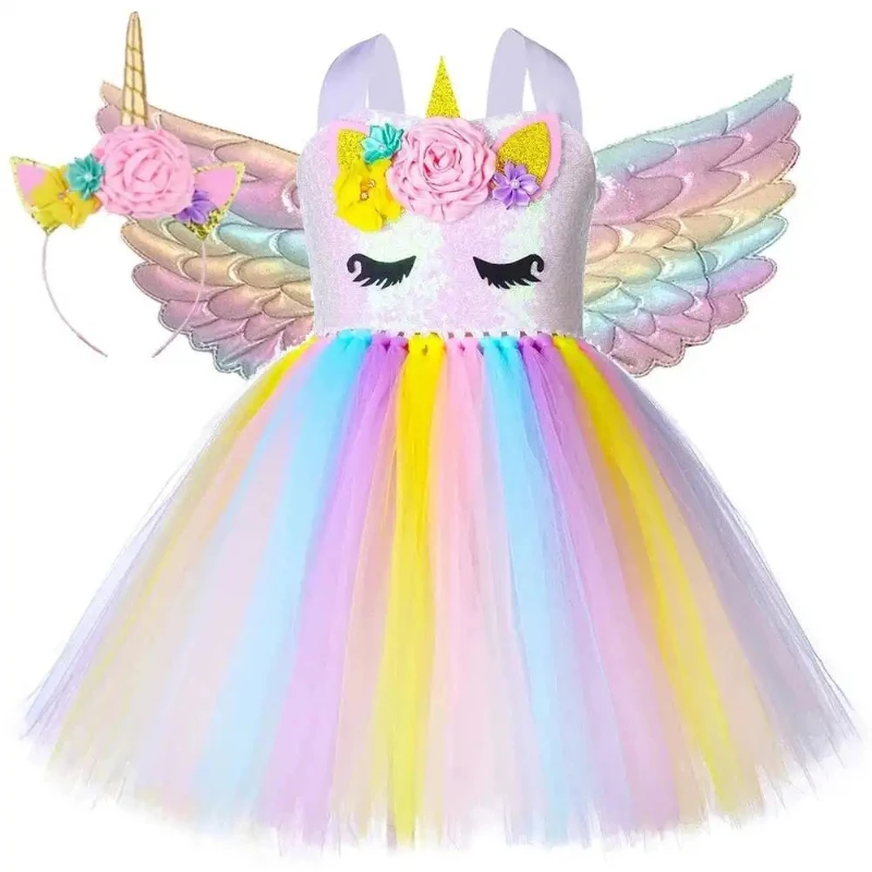 Unicorn Cosplay Tutu Dress White Sequin Bodice Rainbow Tulle Skirt with Floral Unicorn Headband Glitter Wings for Party Costume