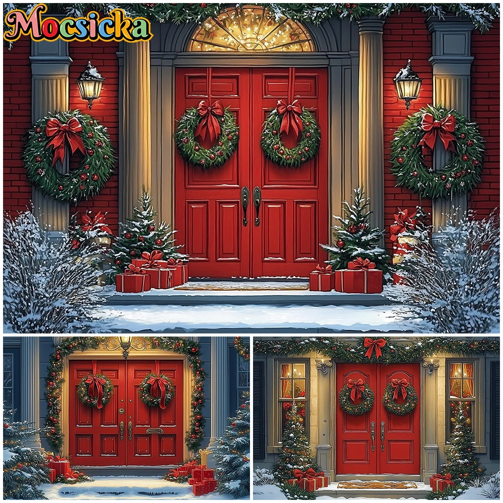 Mocsicka Rode Deur Kerst Achtergrond Fotografie Sneeuw Geschenken Boom Party Achtergronden Thuis Boog Groene Krans Decors Banner Photocall