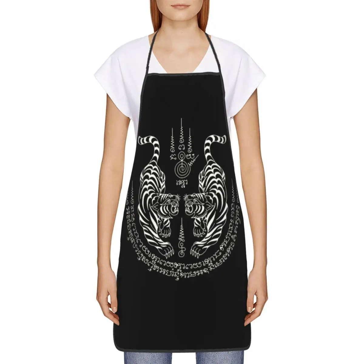 Custom Twin Tiger Sak Yant Tattoo Aprons for Men Women Thailand Muay Thai Adult Unisex Chef Bib Tablier Cuisine Cooking Baking