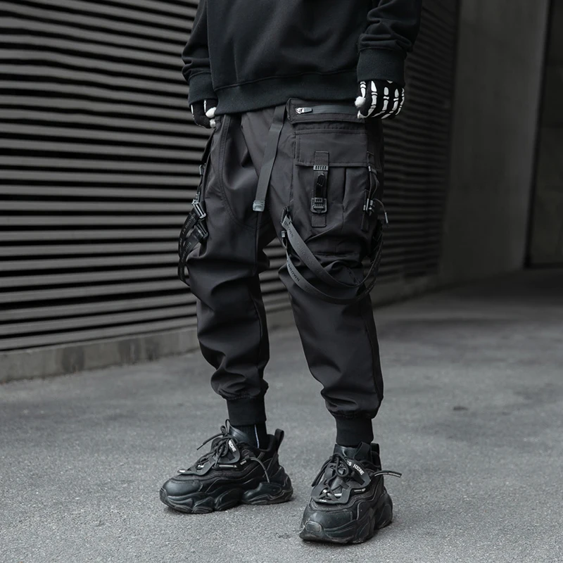 Unisex Tactical Cargo Pants Ribbons Joggers Trousers Spring Functional Elastic Waist Streetwear Pant Harajuku Men\'s Clothing