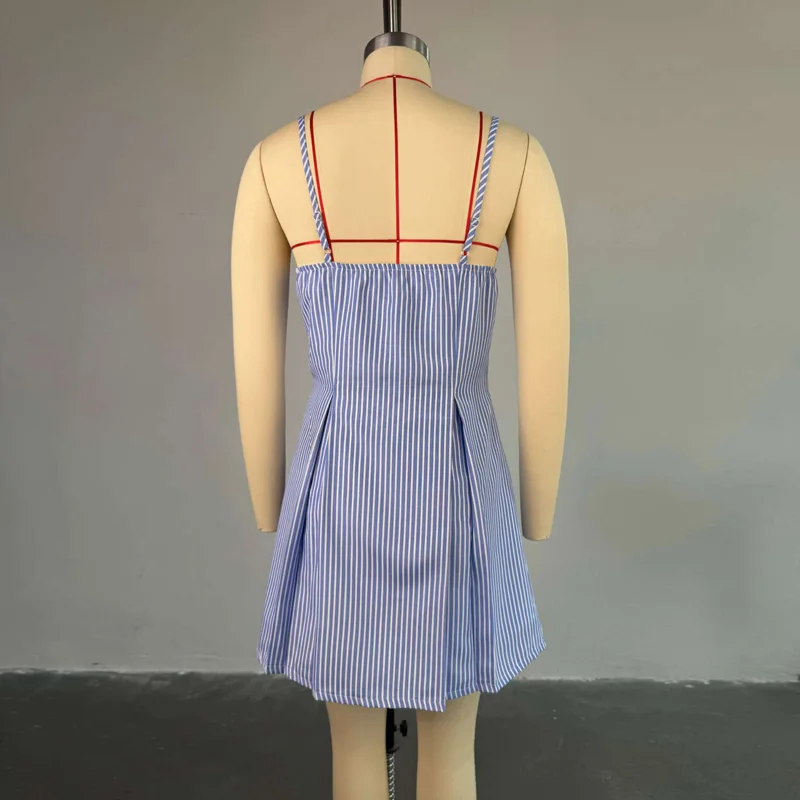 Slergiri Abito da donna con bottoni sul davanti e bottoni a righe blu 2025 Estate New Chic senza maniche Abiti corti a trapezio a pieghe carini