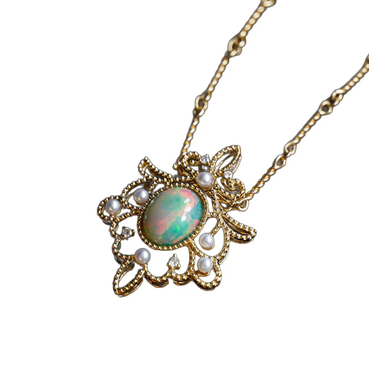 نمط المحكمة الفيكتورية 925 الفضة الاسترالية الأبيض أوبال قلادة روكوكوكو البذور اللؤلؤ البيضاوي الاصطناعية أوبال سلسلة قلادة مجوهرات هدية