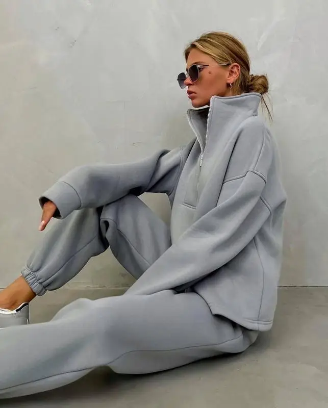 Women Two Piece Sets Sweatshirts Zipper Stand Collar Full Sleeve Splice Pullovers Straight Pants Suit Solid Casual Suits