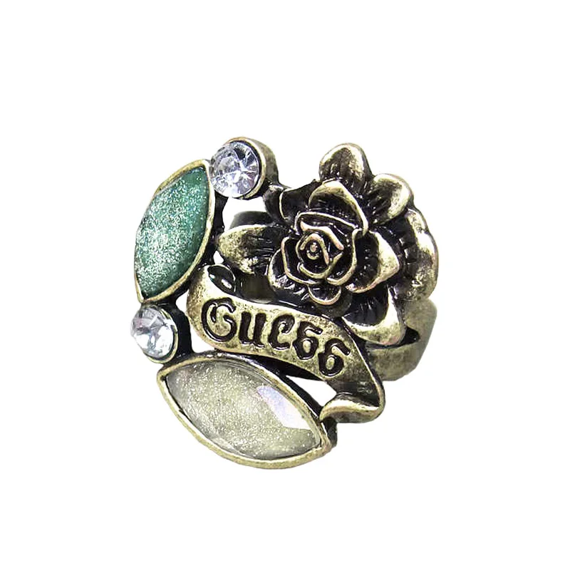 Flower Rose Letter Dazzling Faux Gem Crystal Ring Size 6 Womens Fashion Antique Brass Alloy Metal Finger Rings Vintage Jewelry