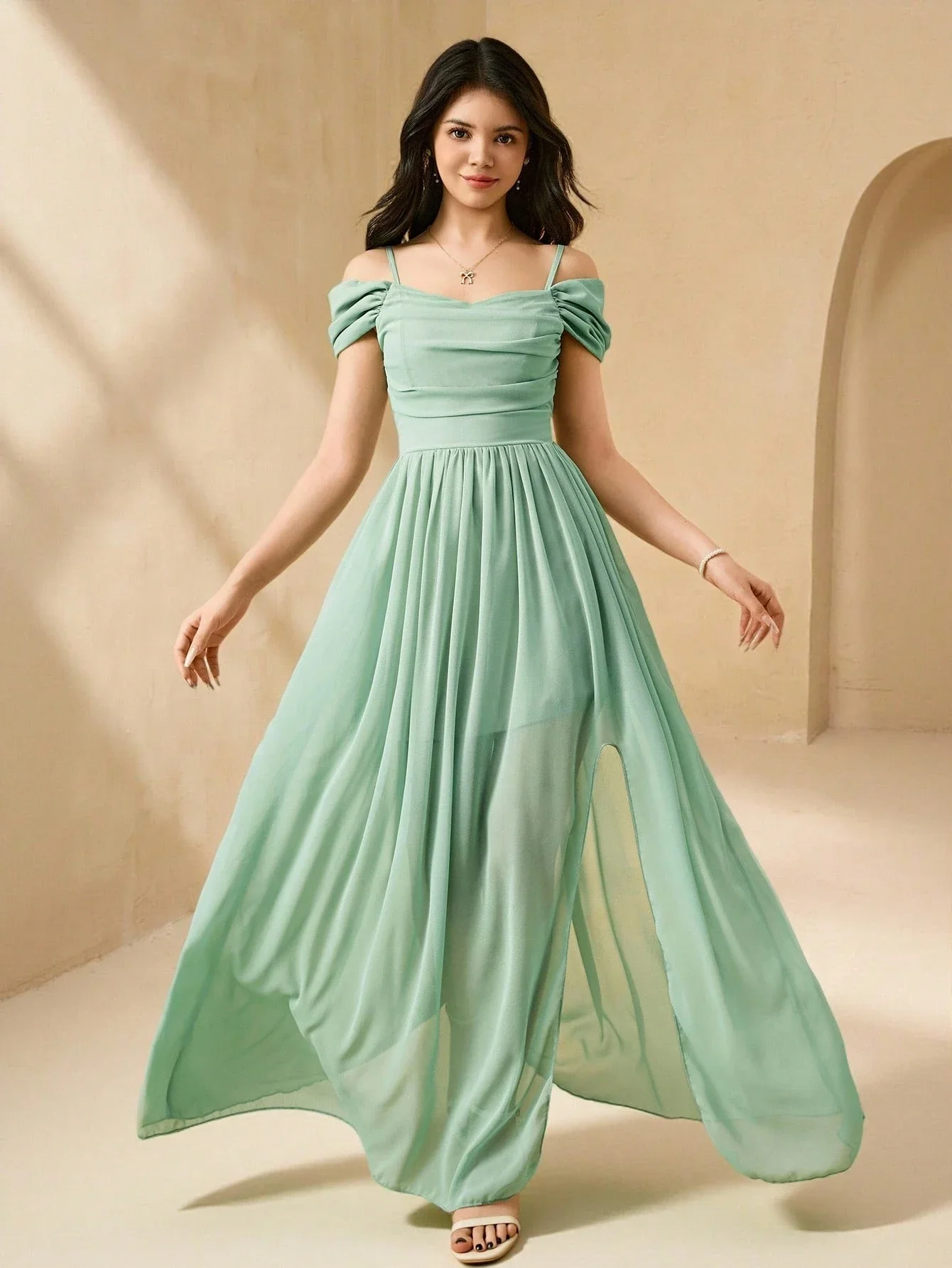 Mint Green Chiffon Off Shoulder Maxi Dress With Slit For Summer Vacation