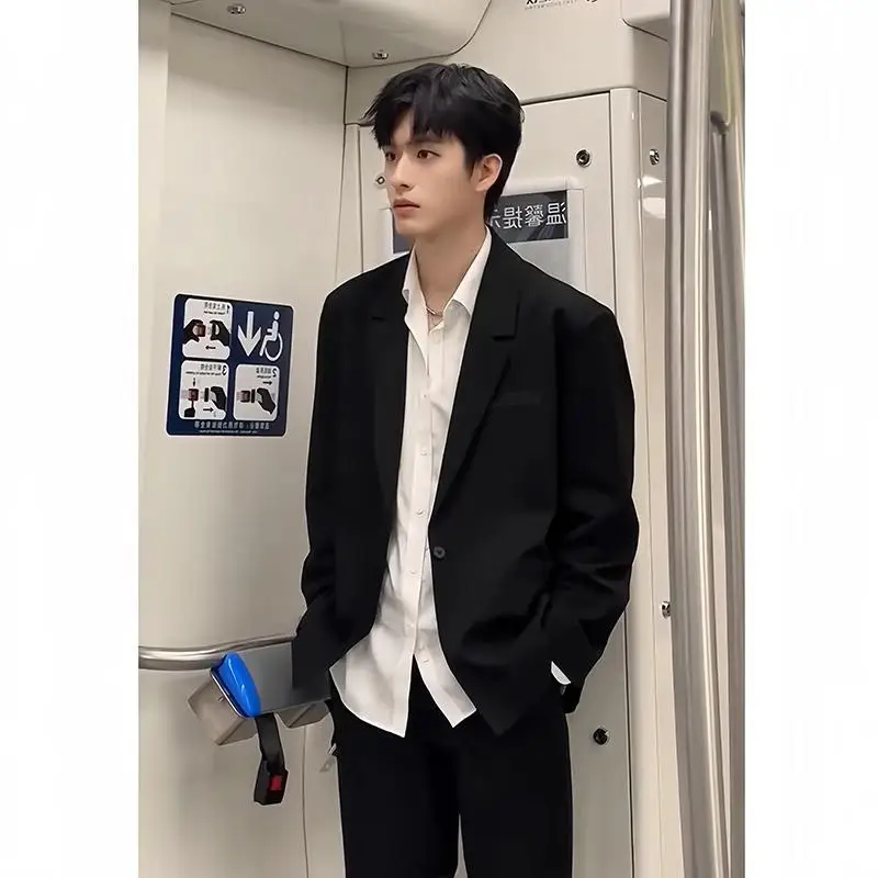 Black Shoulder Pad Casual Men's Suit Jacket Spring Autumn Style Korean Version Handsome Dapper DK Uniform Small Western Suit ...