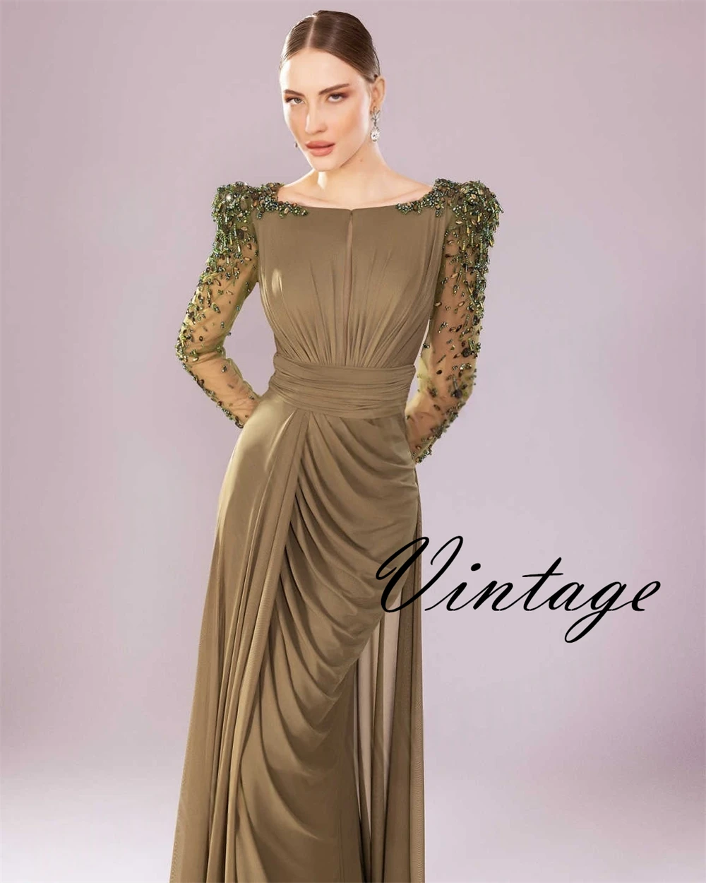 Abito da sera moderno in chiffon verde scuro personalizzato Abito da ballo squisito a maniche lunghe con scollo a cappella Abito da festa con cerniera sul retro