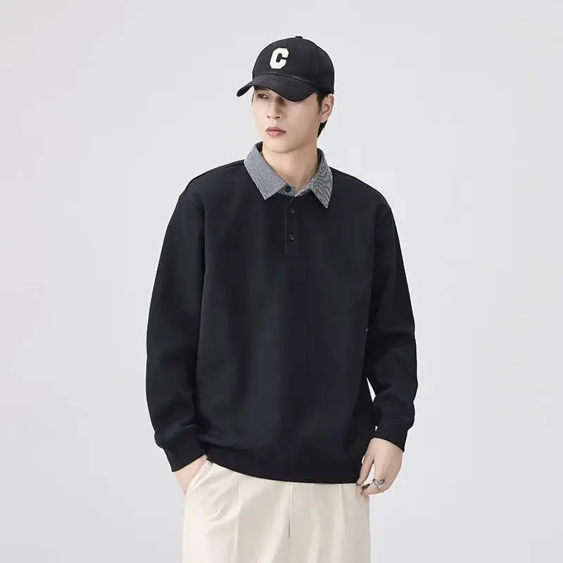 قميص ثقيل الوزن مكون من قطعتين بقلنسوة للرجال فضفاض بأكمام طويلة وياقة مقلوبة على الطراز الأمريكي القديم لربيع الخريف #1