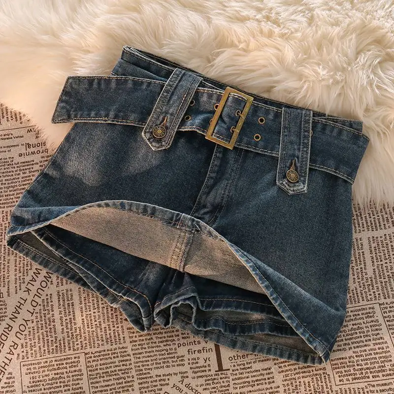 Women High Waist Denim Skort With Belt Solid Color Slim Wrap Mini Skirt Vintage Streetwear Casual Jeans Skort Spring Autumn