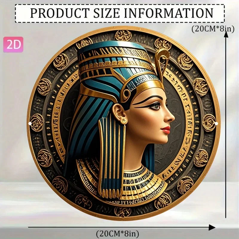 Nefertiti Bust Wall Art Decoration, 2D Aluminum Metal Sign with Egyptian Hieroglyphic Pattern, Vintage Pharaoh Gold-Plated Turquoise 8X8