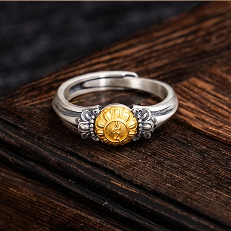 Ethnic Style Gold the Green Tara Ring For Men Jewelry Retro Relief Flower Ring Male Index Finger Accessories Adjustable