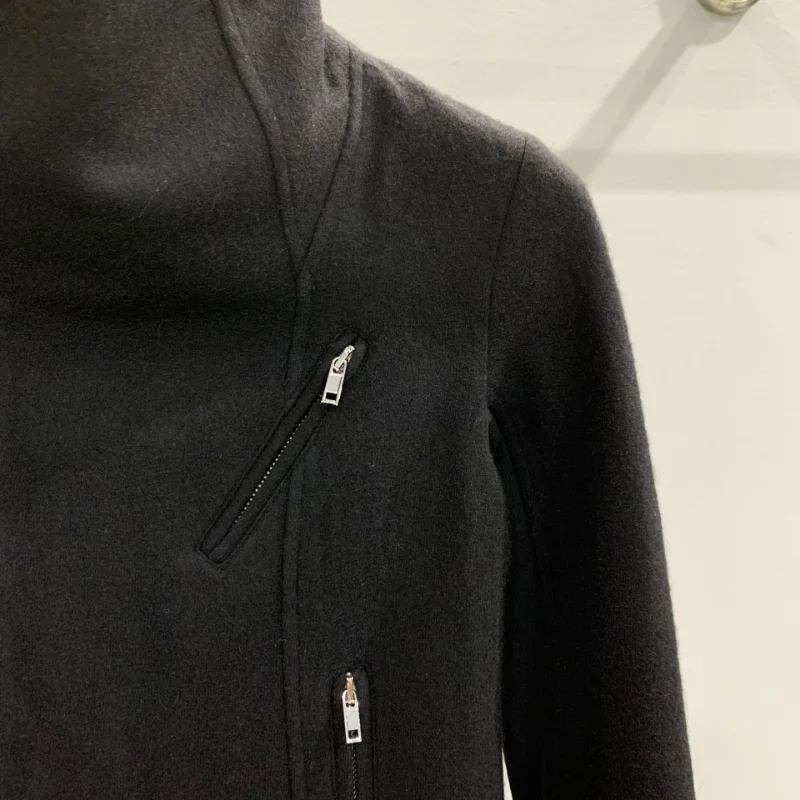 Women Wool Blends Dark Girls Diagonal Zipper Short Jacket Splicing Coat Black Pockets Autumn Winter Clothing Slim Tops Office