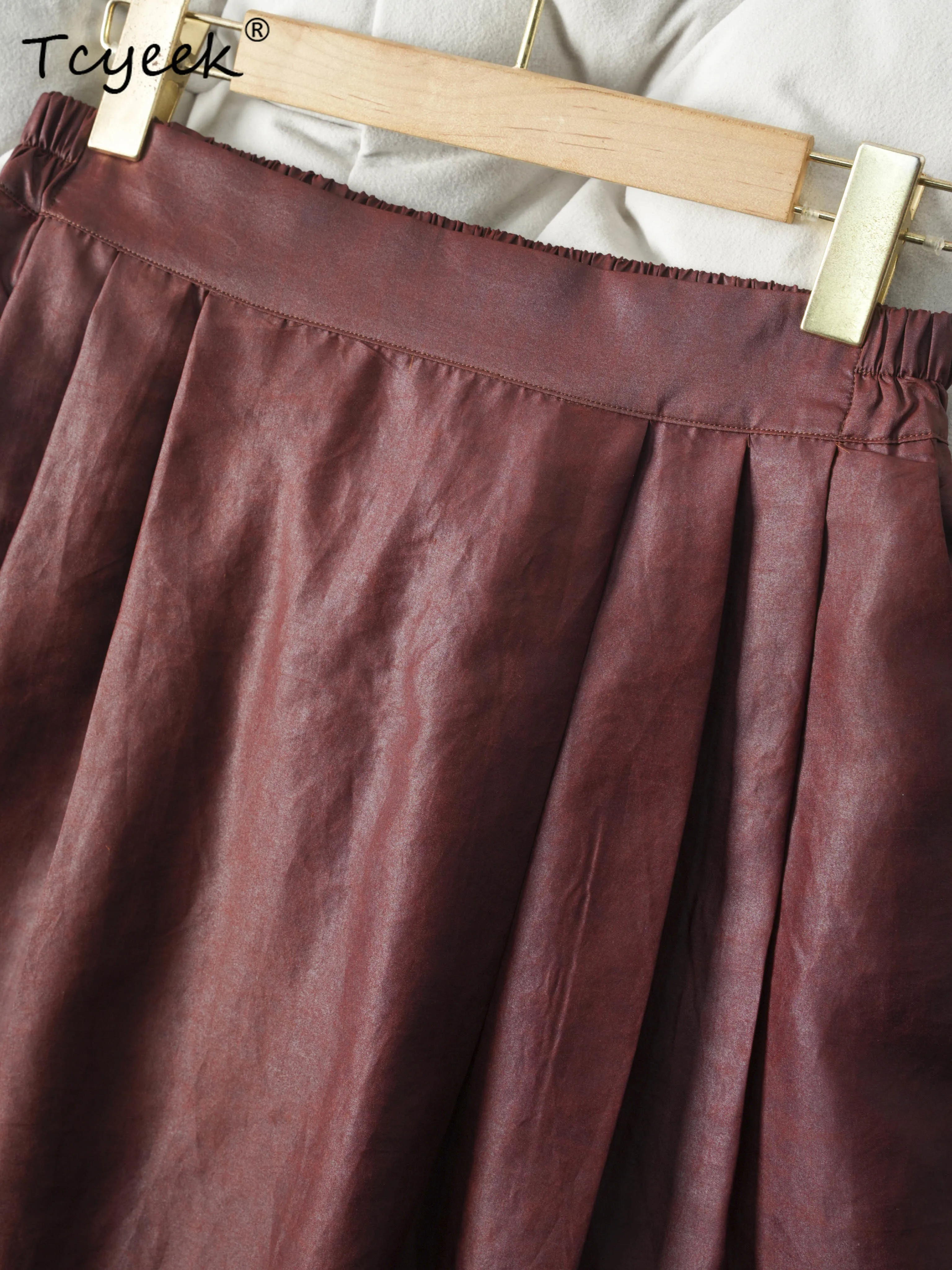 Tcyeek ผ้าไหมหม่อน 100% ฤดูใบไม้ผลิฤดูร้อนใหม่จีน Slimming A-Line สีทึบความยาวกลางกระโปรงผู้หญิง ЮЖ