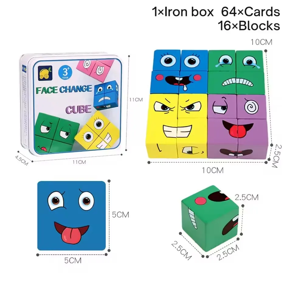 Wooden Face Changing Cube Toys Building Blocks for Cartoon Puzzle Montessori Jigsaw Kids Toy Educational Board Game Family Toys