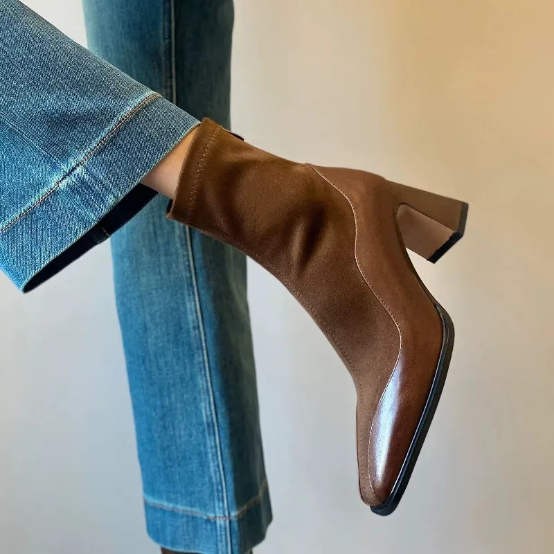 خمر سليم أشار تو كعب سميك قصير انغلق المخملية منتصف العجل مثير عبر الحدود أحذية الموضة الأحذية النسائية #2