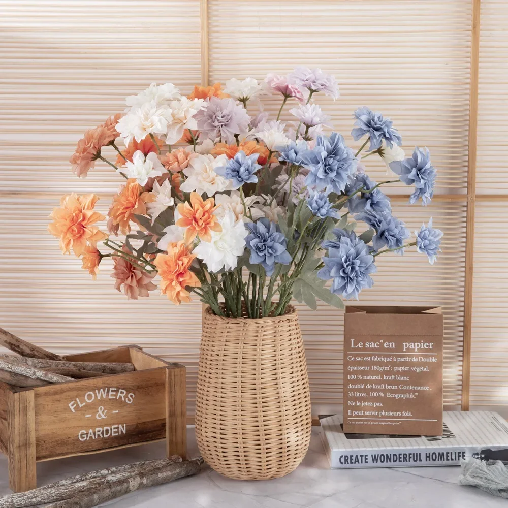 5 głowa sztuczny kwiat dalia Pinnata sztuczne kwiaty kwiaty zielone rośliny rzemieślnicze dekoracje ślubne INS Wind Home Decor