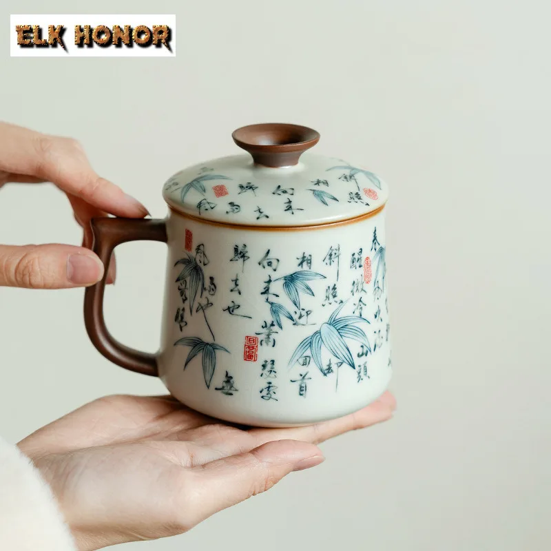 330ml Ru Kiln Hand-writed Poem With Lid Coffee Mug Elegant Milk Cup Afternoon Tea Mug Personal Office Water Cup Drinkware Craft