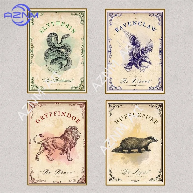Affiche vintage des maisons de l'école de magie H-Hogwarts, citations inspirantes, peinture sur toile du monde magique, art mural pour salon, décoration intérieure