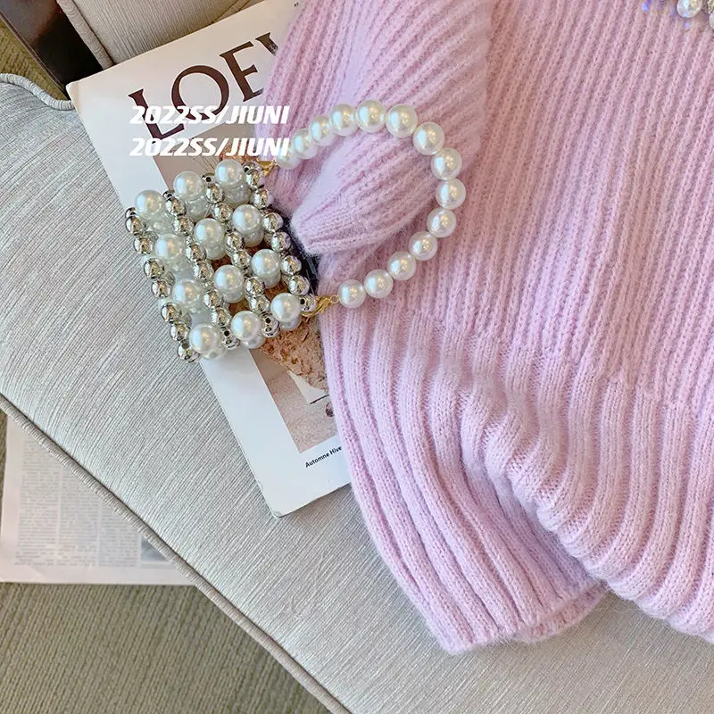 Jumpers Pink Purple Pearl Short Sleeve Sweater Women\'s Summer New Korean Lantern Rhinestone Knitwear Top Pull Femme Beaded