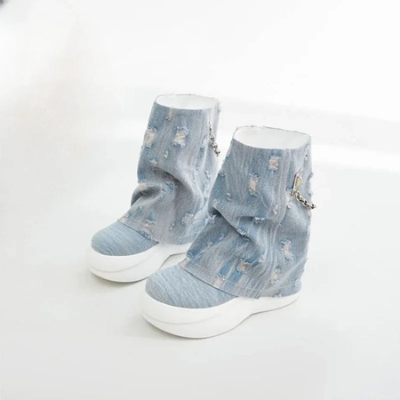 Blue Washed Denim Hollowed Out Short Boots 2023 Autumn New Versatile High Top Women Shoes with Broken Holes Winter Cotton Shoes