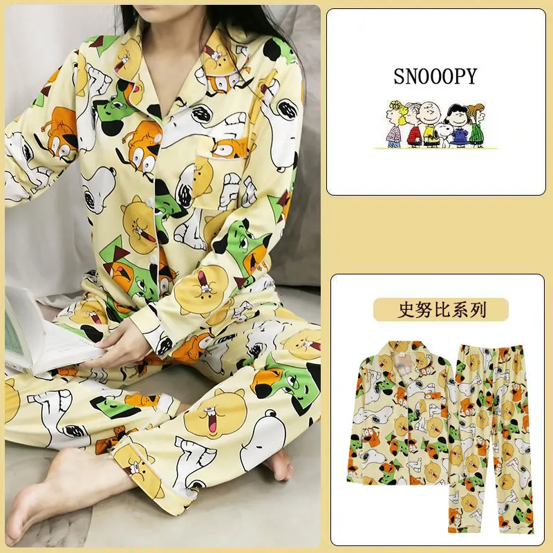 New Cartoon Snoopy Pajamas Women's Spring and Autumn Pure Cotton Long Sleeves Kawaii Cute Cardigan Large Size Outwear Home Suit