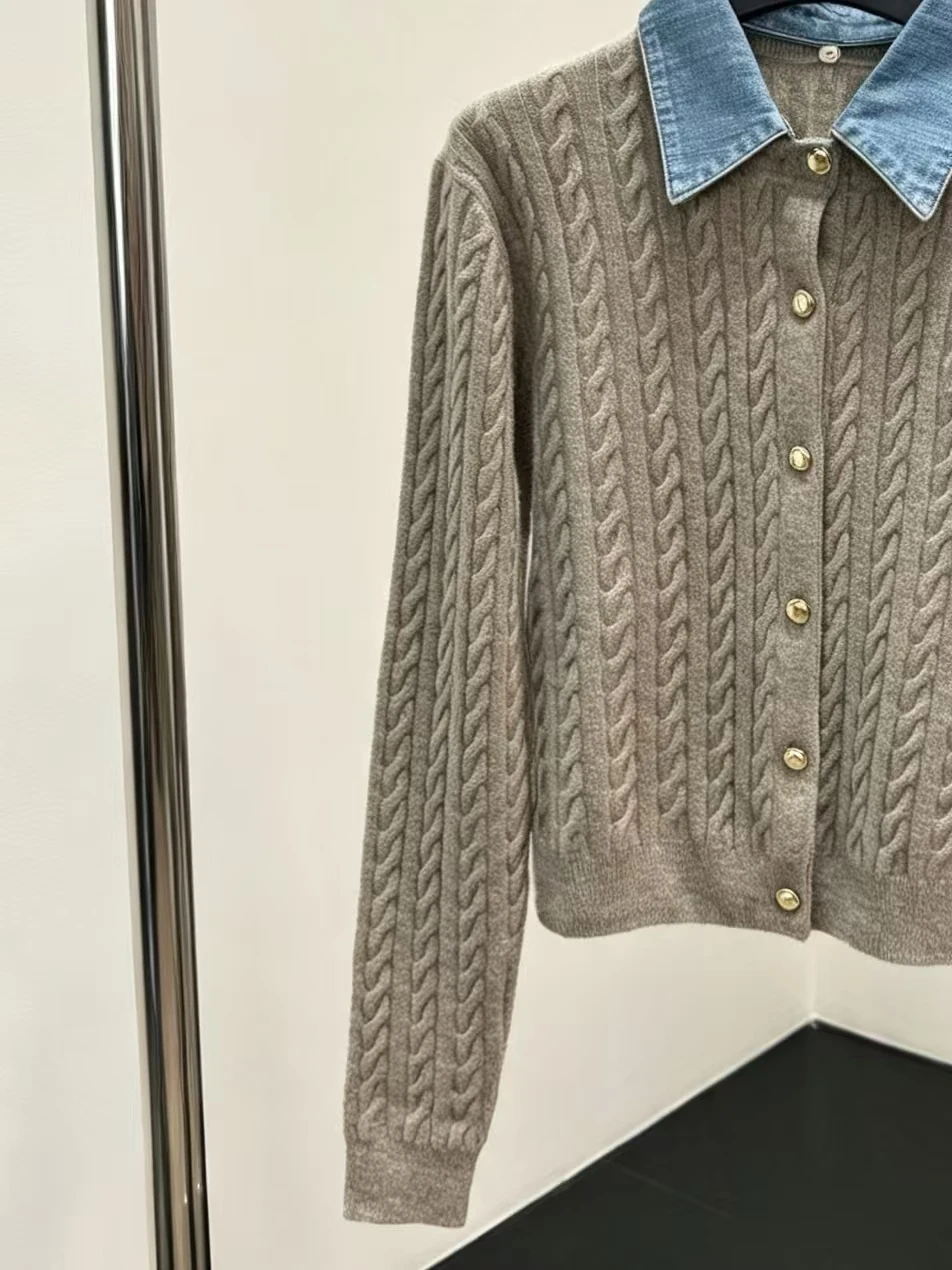 New French style denim fake collar twisted flower knitted cardigan with detachable lapel and short oat colored sweater jacket