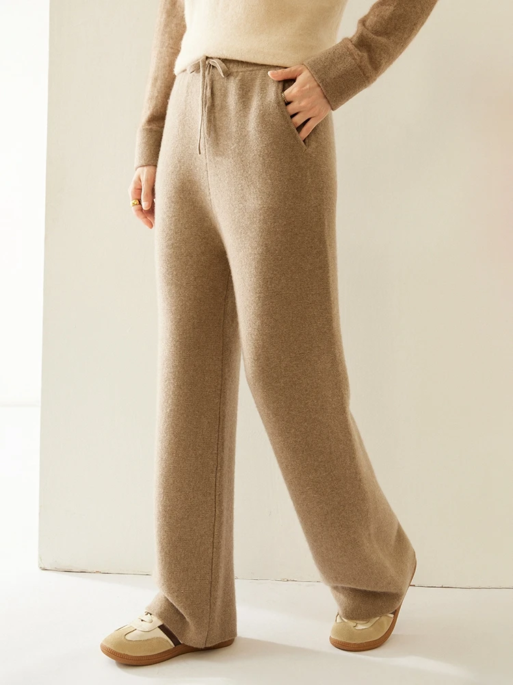 Autumn Winter Women Cashmere Straight Leg Pants Elastic Waist 100% Cashmere Knitted Thick Warm Trousers Pockets Solid Soft Pants