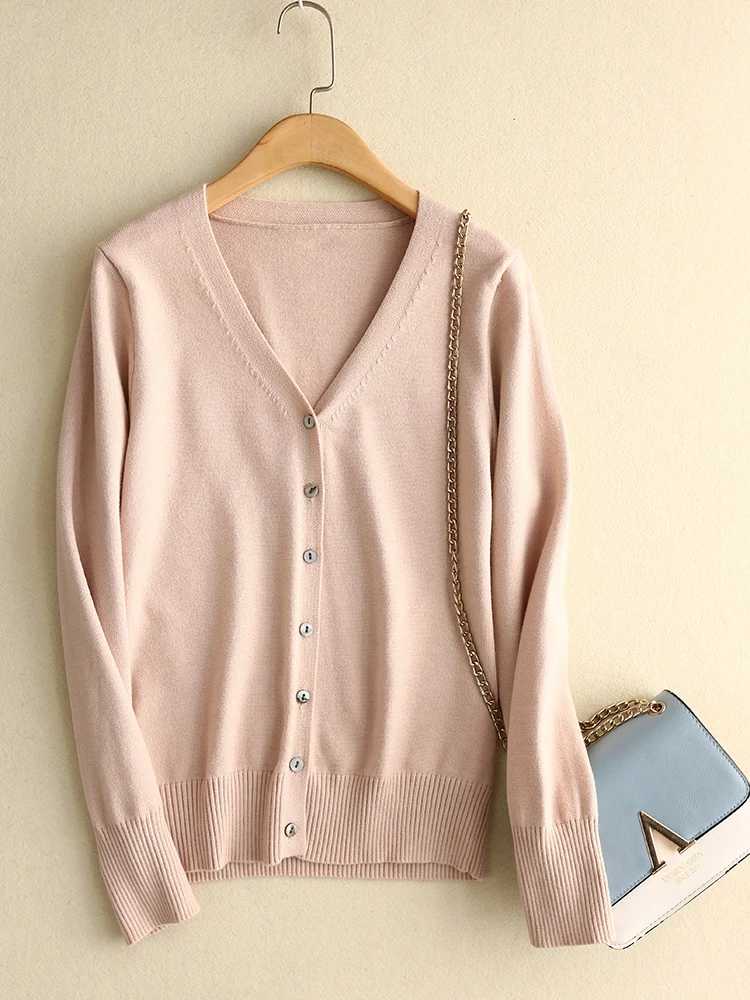 2024 Spring Autumn V-neck Cashmere Cardigan Merino Wool Sweater Long Sleeve Women Knitwear Elegant Clothing Basic FashionTops