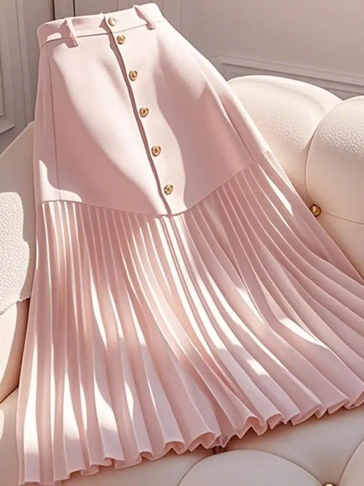 High Waist A-Line Midi Skirt Women's Professional Plaid Pleated Cover Hip Spring Summer Casual Style Button Detail