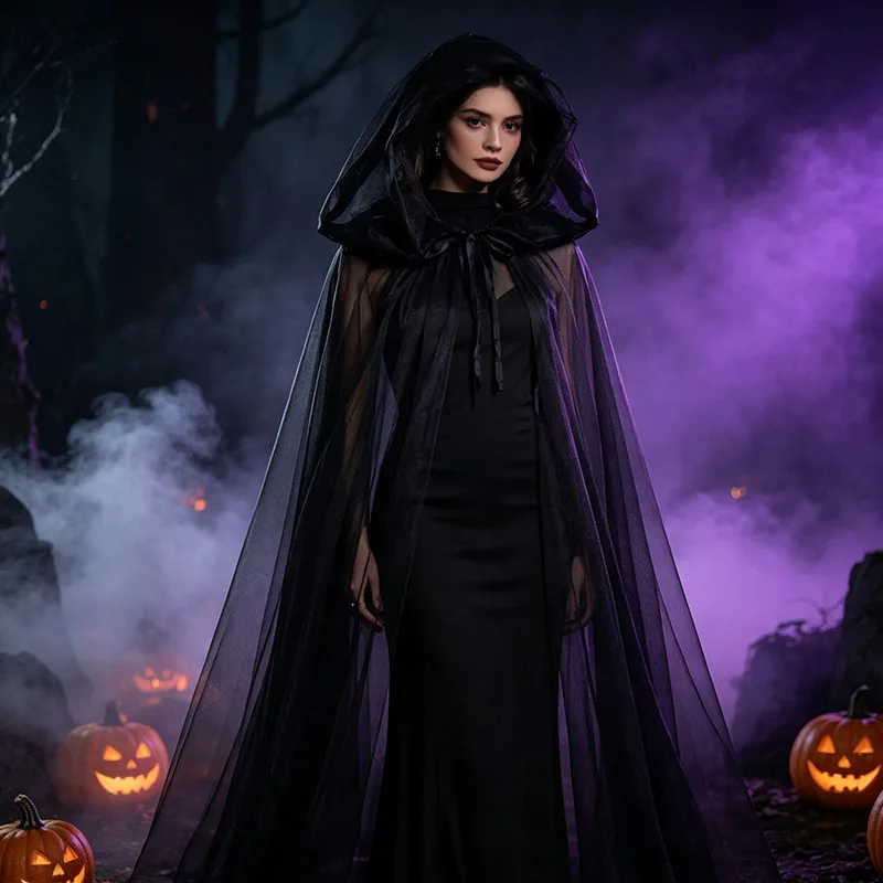 Damen Halloween Schwarzer Transparenter Tüllumhang Langer Kapuzenumhang Geister-Hexe-Vampir-Cosplay-Kostüm Karnevalsparty Faschingskleid – Detail 1