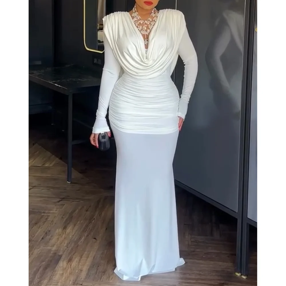 

Women Rhinestone Decor Halter Cold Shoulder Long Sleeve Bodycon Dress Hollow Water Drop Evening Dress Black Outfits for Party