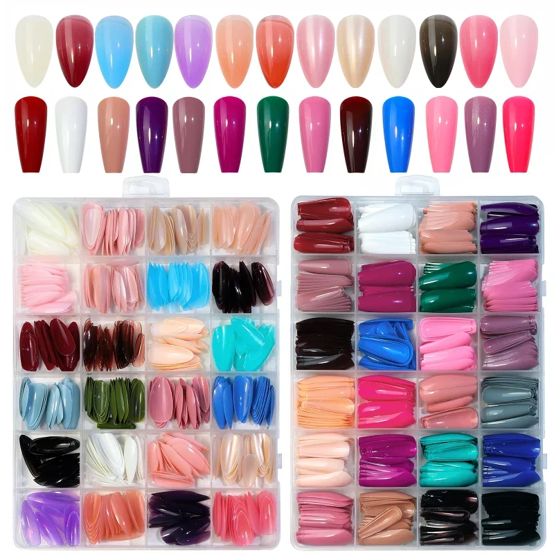 

12/24 Grid Boxed Multi-Color Mixed Nail Tips Frosted Square Ballet Wearing Nails Fake Nail Set Color Nails Enhancement Tools