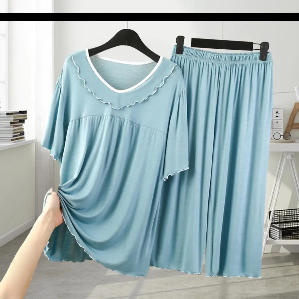 Soft Summer Loungewear Set, Women's Two Piece Crew Neck Short Sleeve With Wide Leg Pants, Casual Sleepwear Pajamas