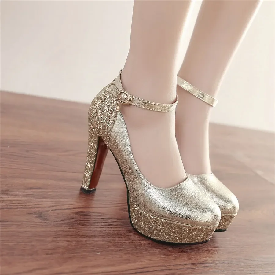 Silver Gold Women Platform Pumps 12cm Spike High Chunky Heels Sequined Cloth Round Toe Wedding Party Ankle Strap Ladies Stiletto