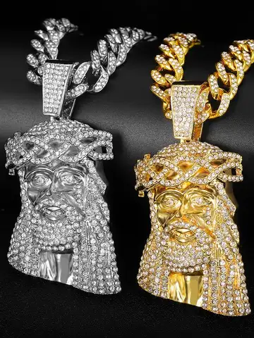 Iced Out Jesus Christ Head Charm Pendant Rhinestone Necklace With 13mm Miami Cuban Link Chain Hip Hop Style For Men  Women Gift